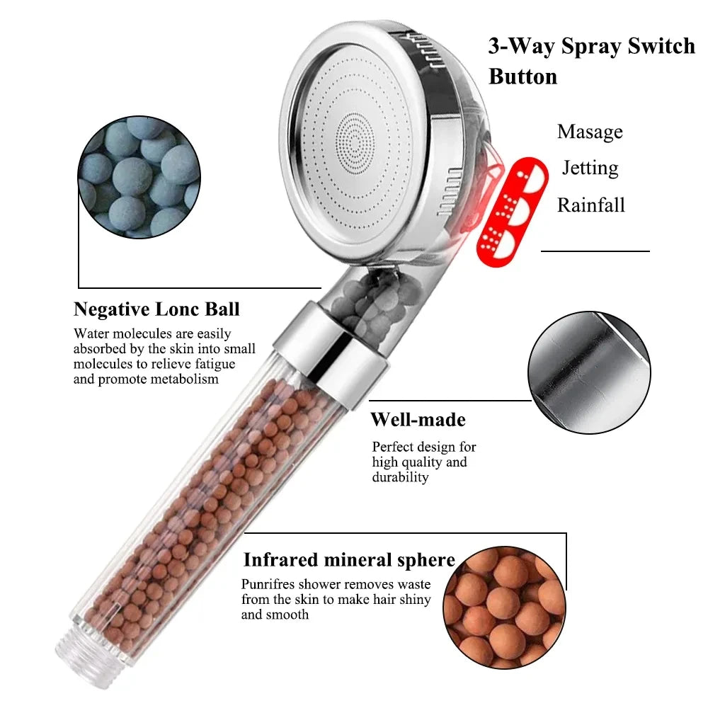 New 3 Functions High Pressure SPA Shower Head Water Saving Handheld Rainfall Bathroom Accessories Anion Filter Shower